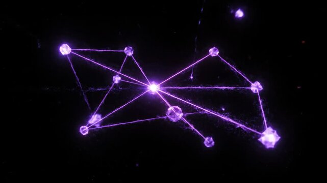 Futuristic data network concept with glowing purple lines and interconnected nodes forming an abstract digital system mockup