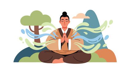 Taoist breathing and energy cultivation practice illustrated in clean flat vector style, calm posture and focus, ideal for wellness, meditation, and health education