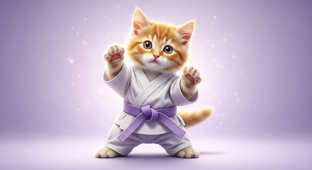 Adorable funny kitten in white kimono doing martial arts warm-up, wide leg stance, paws in air, professional banner composition, generative AI