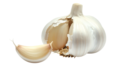 Close-up of a garlic bulb, with a clove detached, set against a black backdrop
