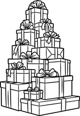 Stack of wrapped gifts with bows arranged in a pyramid shape illustration