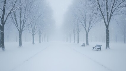 Obraz premium snowfall over quiet winter park with snow-covered trees and benches