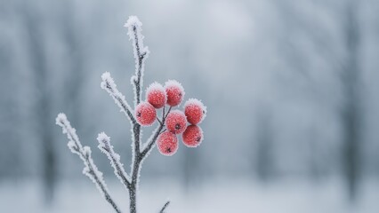 frost-covered red berries on winter branch close-up