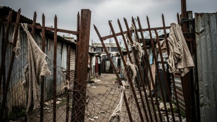 Impoverished Slum Alleyway with Makeshift Fences and Dilapidated Structures.