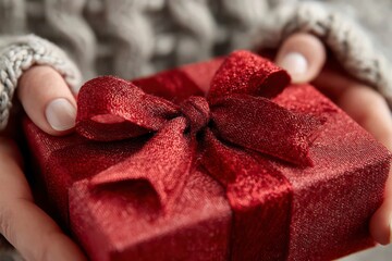 Beautiful Christmas Package with Red Bow in Hands of a Person