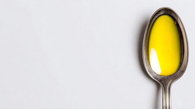 Close-up of a silver spoon filled with a bright, golden liquid on a plain white backdrop