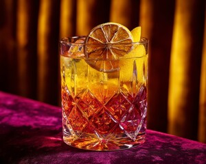 Crystal Tumbler with Layered Drink and Citrus Garnish on Velvet