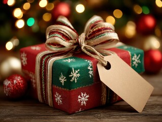 Traditional Red and Green Gift Box with Ribbon and Tag for Holidays