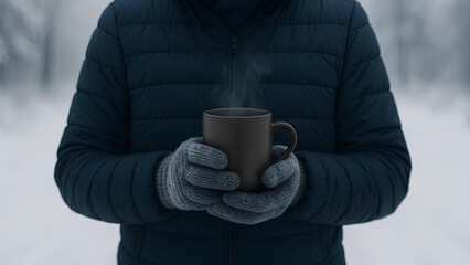 Person holding hot drink outdoors in winter with steaming mug and warm gloves in snowy cold environment