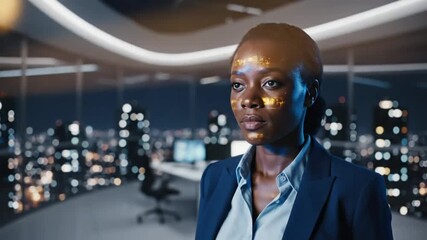 Focused businesswoman with augmented reality interface standing in a high-tech modern office overlooking cityscape at night - Powered by Adobe