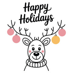 happy holidays greeting typography with cute reindeer and festive ornaments celebrating christmas winter season and joyful holiday concept illustration