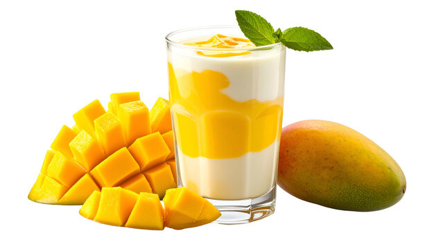 A mango lassi layered with fresh mango, next to a diced mango and whole mango