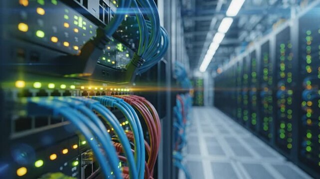 Data Center Server Room with Rows of Racks and Cables: Modern Information Technology Infrastructure