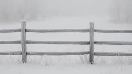 A frozen wooden fence in a winter rural landscape against the backdrop of a snow-covered field