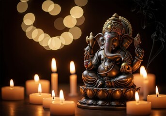 Fototapeta premium Statue of Lord Ganesha Surrounded by Candles with Soft Bokeh in Background