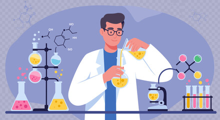 Scientist conducting experiment in modern laboratory with chemical equipment
