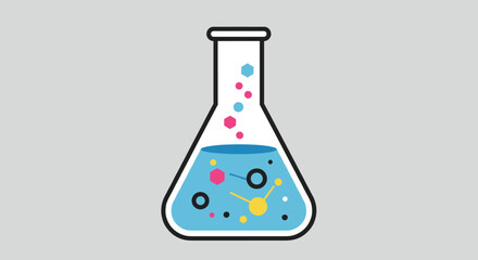 Scientific laboratory beaker with colorful chemical reactions in flat style