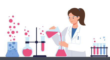 Female scientist conducting experiment in modern laboratory with beakers and test tubes