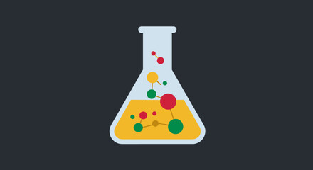 Flat icon of scientific flask with colorful molecular structure on dark background