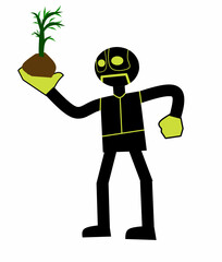 Robot character holding plant illustration, futuristic eco friendly concept vector suitable for technology, environment, sustainability, and creative designs.