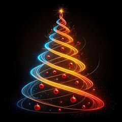 Abstract glowing Christmas tree with red ornaments and blue-orange light