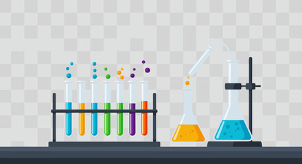 Colorful chemistry equipment on lab counter with gradient background