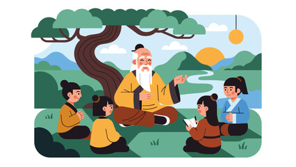 Taoist teacher sharing wisdom with students in calm outdoor setting, modern flat vector illustration, ideal for education, philosophy, and spiritual learning content
