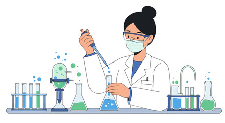 Scientist in lab coat conducting experiment with test tubes and flasks in modern flat design