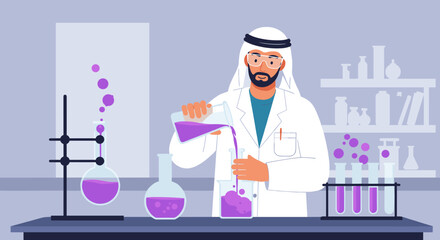 Scientist in lab coat conducts chemical experiment with purple liquid in modern laboratory