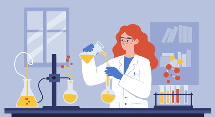 Scientist in lab conducting experiment with beakers and test tubes in flat design
