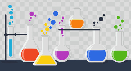 Colorful laboratory glassware with bubbles on transparent background