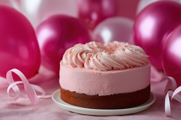 Pink frosted cake with balloons and ribbons on soft pink background