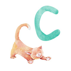 English letter C and cat stretches hand painted watercolor illustration isolated on white background. Cartoon kitten for children's designs, games, animal alphabet, abc cards
