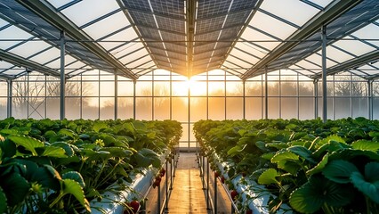 strawberry plants growing in a large greenhouse at sunrise