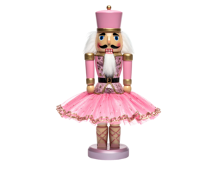 A pink ballerina nutcracker figure with a tutu, gold accents, and a stern expression