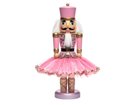 A pink ballerina nutcracker figure with a tutu, gold accents, and a stern expression