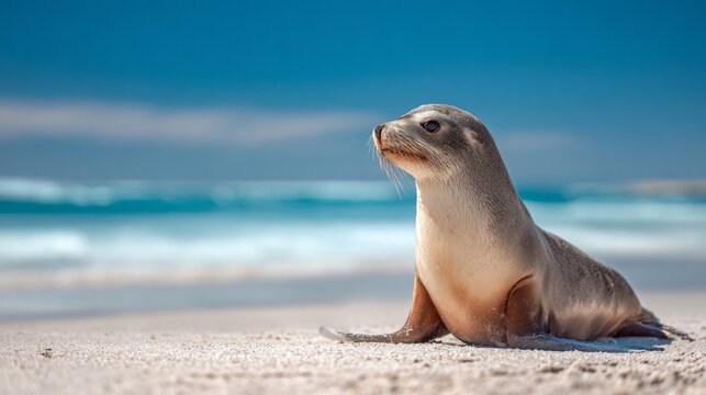 A seal is laying on the beach, looking out at the ocean