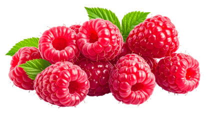 Pile of ripe, red berries with green leaves, isolated on a transparent black background