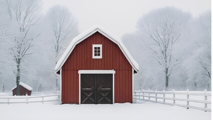Red barn covered in snow on a winter farm, surrounded by a fence and trees, with a rural landscape in the background