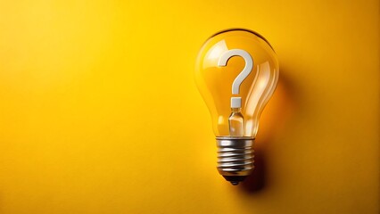 Glowing incandescent light bulb with a white question mark inside, set against a vibrant yellow background, representing a question, doubt, or seeking an answer.