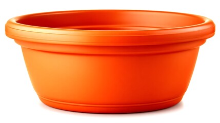Close-up of a vibrant orange, round, plastic bowl with a curved rim, on a white background