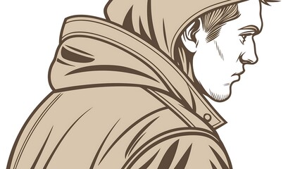 Stylized illustration of a man's profile wearing a hooded jacket, conveying a sense of mystery, urban style, or anonymity.