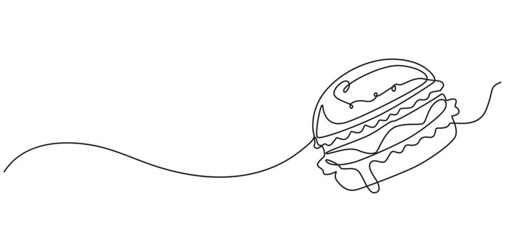 continuous one line of delicious sandwich burger fast food or junk food. Sketch drawing editable stroke concept vector illustration for meal cafe or restaurant