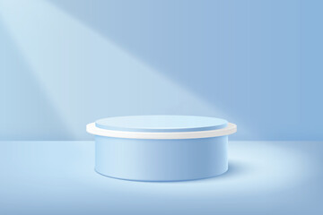 Empty 3D podium, soft blue light, round shape, spotlight beam.