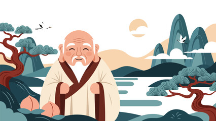 Taoist longevity philosophy illustrated with peaceful elderly figure, modern flat vector design, ideal for wellness, spirituality, and healthy lifestyle visuals