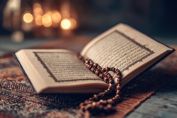 Open book with intricate calligraphy rests on a decorative fabric, accompanied by prayer beads, creating a serene atmosphere for reflection and spiritual connection
