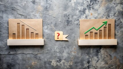 Conceptual image contrasting economic decline with growth, featuring downward and upward bar charts with a question mark in between.