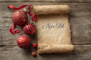 Vintage scroll with the words Nice List, surrounded by festive red ornaments and ribbons, creating a warm holiday atmosphere with rustic wooden background