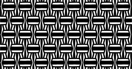 Black and white seamless geometric pattern with repeating abstract shapes, modern tribal style suitable for textile, wallpaper, wrapping paper, and background design.