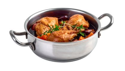 Chicken thighs and vegetables simmer in a stainless steel pot, garnished with herbs